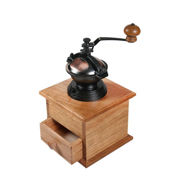 Coffee mill with top grinder, drawer open.