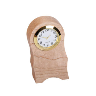 Wooden analog clock with a curvy design.