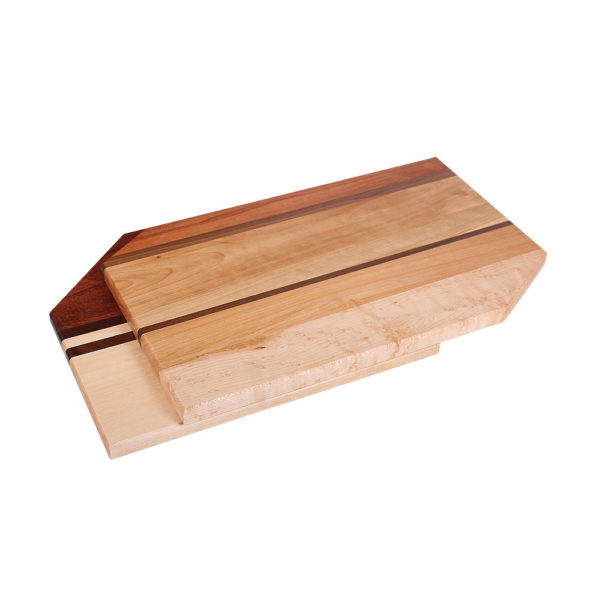 stack of cutting boards around the corner design with various woods. size: 14" long x 11" wide x 0.75" thick