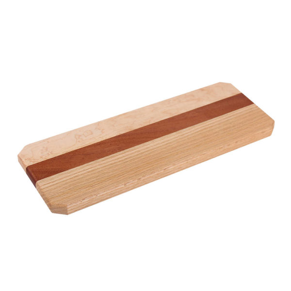 cutting board four corners stretched design with various woods. size: 14" long x 5" wide x 0.75" thick