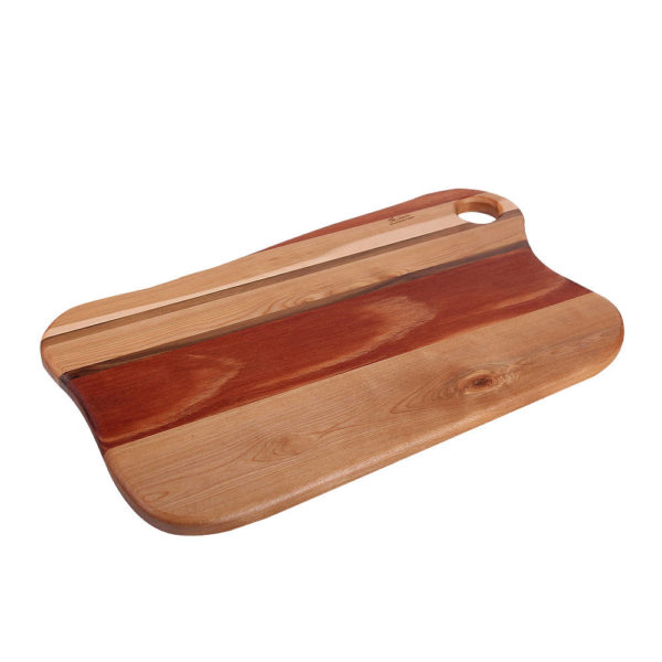 cutting board freeform design with various woods. size: 16.25" long x 9.5" wide x 0.75" thick