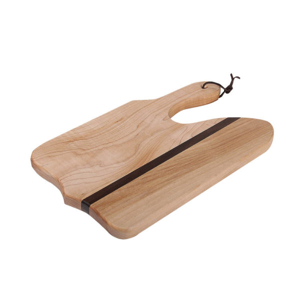 cutting board point of view design with various woods. size: 12" long x 8" wide x 0.75" thick