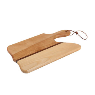 cutting board point of view design with various woods. size: 12" long x 8" wide x 0.75" thick