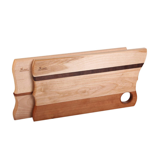 stack of cutting board wings design with various woods. size: 12.75" long x 6.5" wide x 0.75" thick