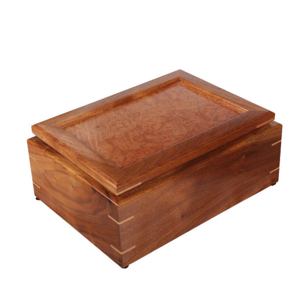 Handcrafted wooden jewelry box with a tray compartment..