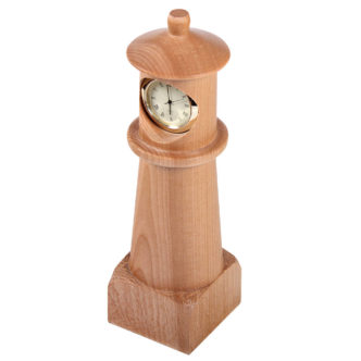 Analog clock housed in a wooden lighthouse with a base.